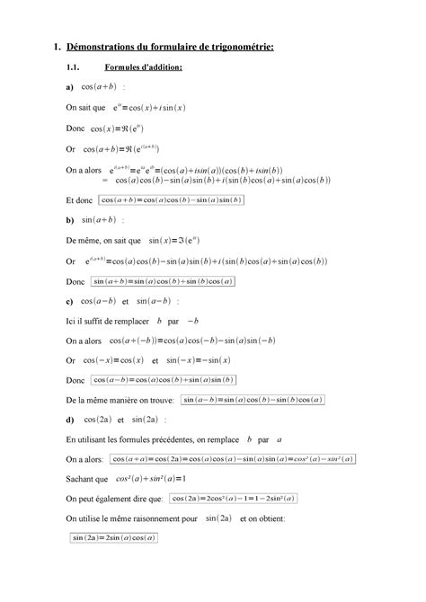 formule trigonométrie 1 Démonstrations du formulaire de