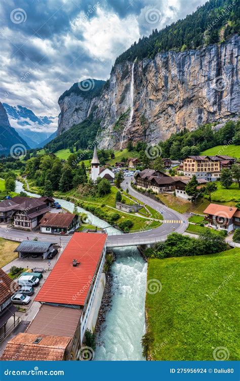 Famous Lauterbrunnen Town And Staubbach Waterfall Bernese Oberland