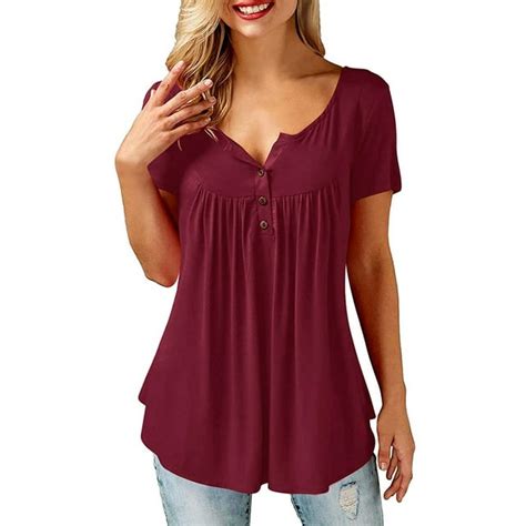 Amoretu Womens Tunic Tops Short Sleeve Henley T Shirts Solid Blouses