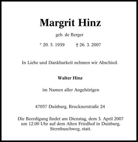 Traueranzeigen Von Margrit Hinz Trauer In NRW De