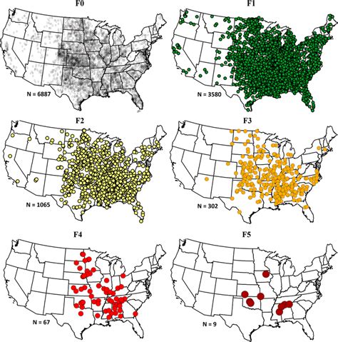 Tornado distribution map by magnitude (2005-2014). | Download Scientific Diagram