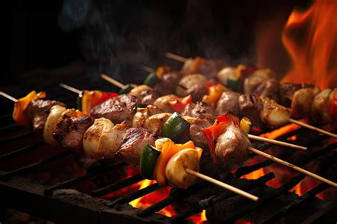 Brochetas De Carne A La Barbacoa Con Verduras A La Parrilla En Llamas