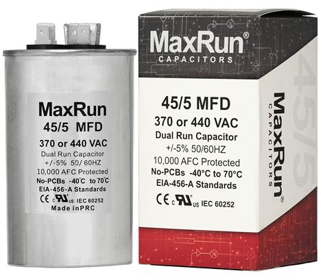 Buy Maxrun 45 5 Mfd Uf 370 Or 440 Volt Vac Round Dual Run Capacitor For Air Conditioner Or Heat