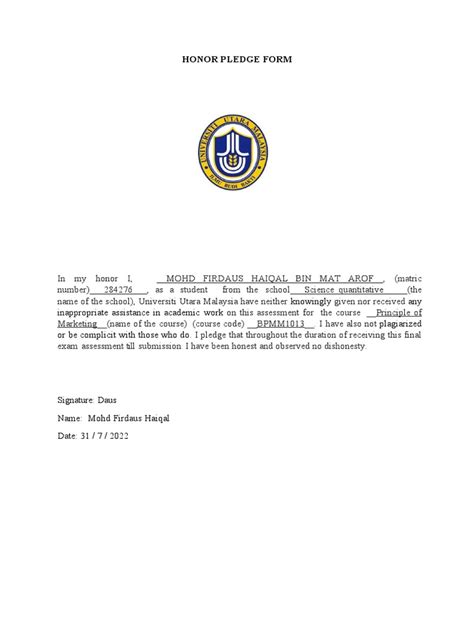 Honor Pledge Form Final Exam Pdf