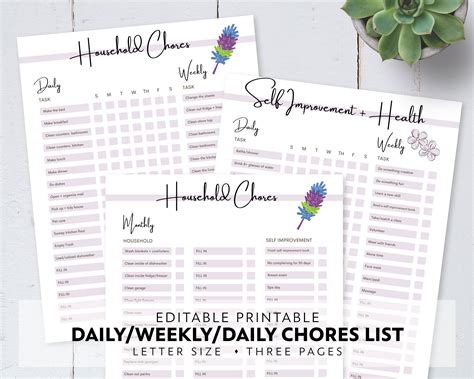 Editable Printable Daily Weekly Monthly Household Chore Cleaning