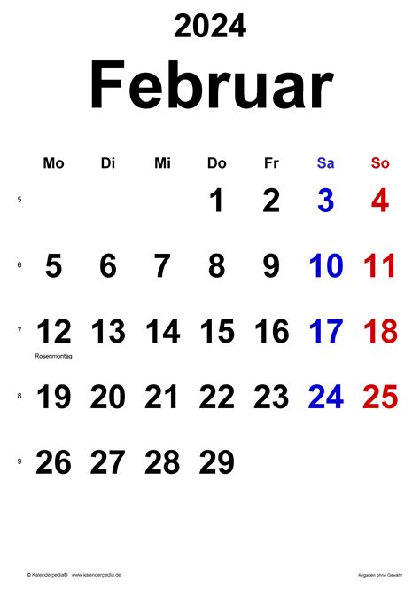 Kalender Februar 2024 als Word-Vorlagen