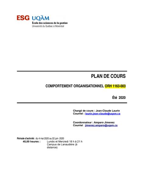 SYL ORH1163 Ete 2020 Plan De Cours PLAN DE COURS COMPORTEMENT