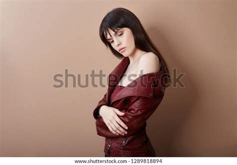 Sexy Brunette Leather Jacket Red Top Stock Photo 1289818894 Shutterstock