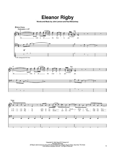 Buy Eleanor Rigby Sheet Music By The Beatles For Bass Tab