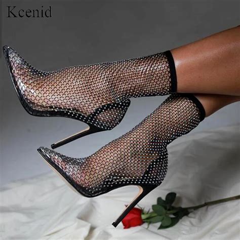 Kcenid Summer Crystal Mesh Boots Women Pvc Runway High Heels Shoes