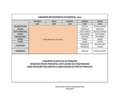 Cardpio Estudantil AGO 2022 Nutricionista Audrey Andrade Bertolini