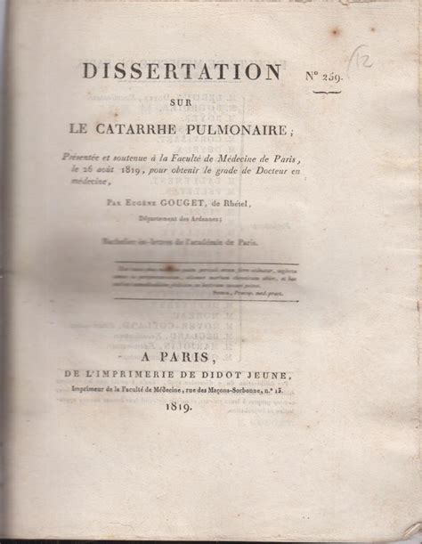 Dissertation Sur Le Catarrhe Pulmonaire Pr Sent E Et Soutenue La