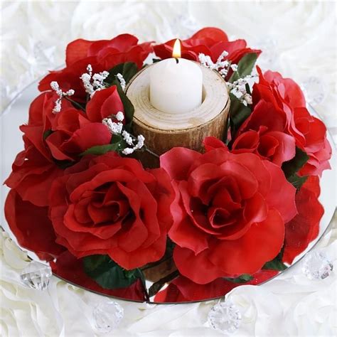 Pack Red Artificial Silk Rose Floral Candle Rings Wedding Tabletop