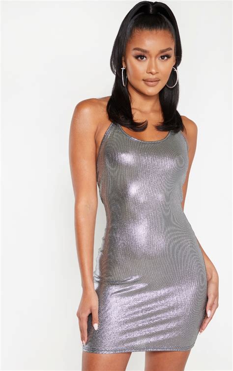 Silver Metallic Halterneck Bodycon Dress Prettylittlething