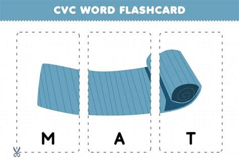 귀여운 만화 Mat 일러스트 인쇄용 플래시 카드로 자음 모음 자음 단어를 배우는 어린이를 위한 교육 게임 프리미엄 벡터
