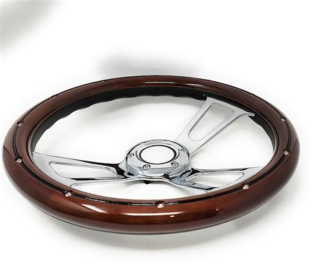 14 Chrome 3 Spoke Steering Wheel Dark Wood Riveted Grip 6 Hole Chevy