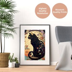 Divine Black Cat With Rose And Sunbeam Art Nouveau Floral Wall Art