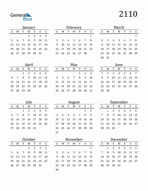 Year 2110 Free Printable 12-Month Calendar