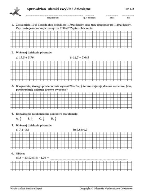Sprawdzian Kl 6 Ułamki Zwykłe I Dziesiętne 1 Matma Pdf