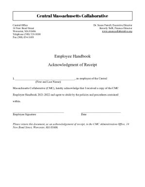 Fillable Online Employee Handbook Receipt Form Fax Email Print Pdffiller