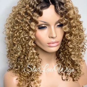 Curly Honey Blonde Wig Dark Roots Long Middle Part Synthetic Layers