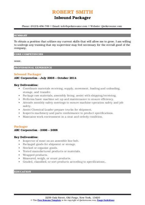 Packager Resume Samples | QwikResume