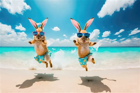 Funny Easter Bunnies Jumping Ans Dancing On The Sand Beach With Blue Sky Ai Generated Stock