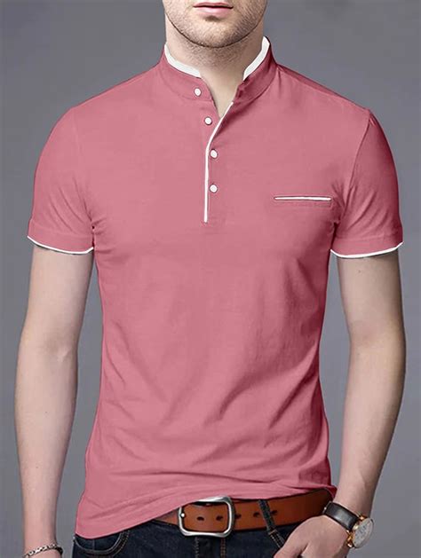 Buy Online Mandarin Neck Contrast Piping Solid T Shirt From Top Wear For Men By Ausk For ₹299 At