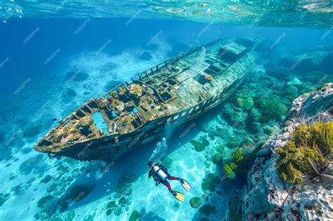 Premium Photo Scuba Diver Exploring Sunken Shipwreck In Tropical