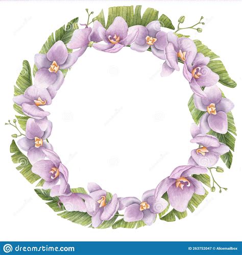 Tropical Wreath Of Watercolor Purple Orchid Flowers And Green Palm