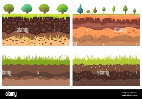 Set Vector Illustration Of Soil Layers Green Grass Ground Isolate On