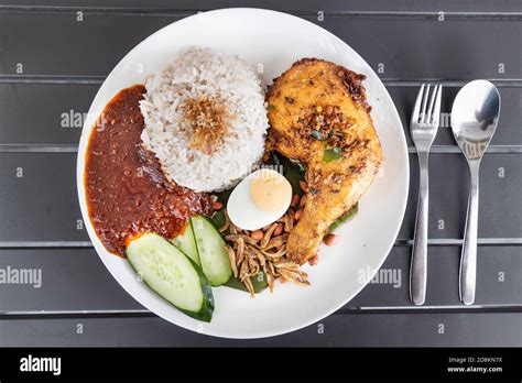 Nasi Lemak With Fried Chicken And Sambal Malaysia Popular Food Stock