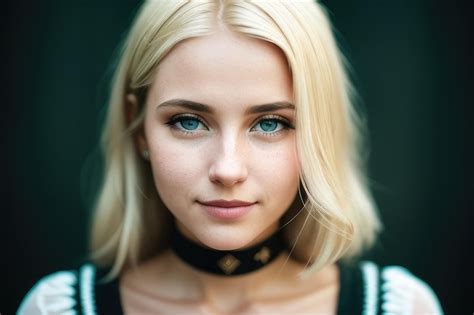 A Blonde Woman With Blue Eyes And A Black Top Premium Ai Generated Image