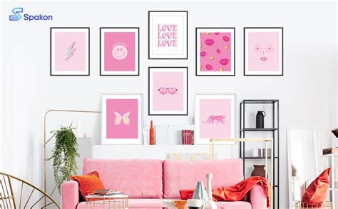 Spakon Preppy Room Decor Aesthetic Hot Pink White Wall Art