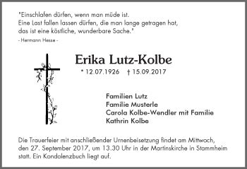 Traueranzeigen Von Erika Lutz Kolbe Schwarzw Lder Bote Trauer