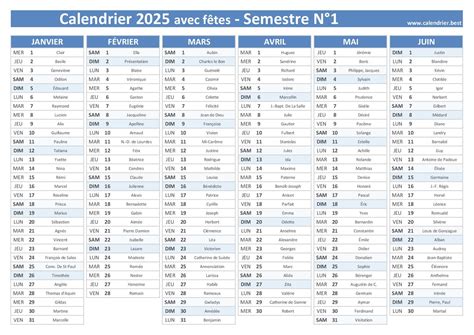 Calendrier semestriel 2025 à imprimer pour le 1er et le 2ème semestre 2025