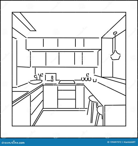 Kitchen Line Art Digital Sketch Of Kitchen Interior Stock Vector