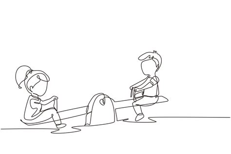 Single continuous line drawing boy and girl of preschool swinging on seesaw. Kids having fun at ...