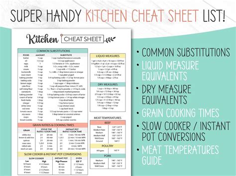 Printable Kitchen Cheat Sheet Kitchen Substitution Chart Kitchen Conversion Chart Instant Pot