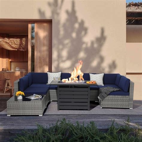 Manteo Rustic Coastal Outdoor Patio Sofa Set With Fire Pit Table On