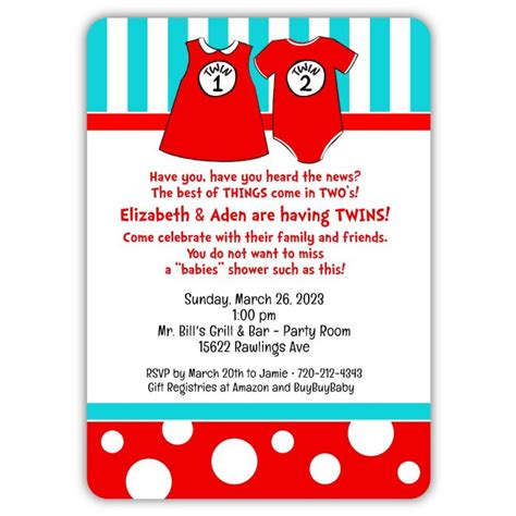 Dr Seuss Twin Twin Boy Girl Outfits Baby Shower Invitation