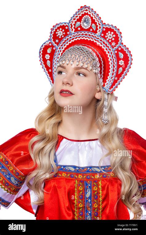 Traditional Russian Folk Costume Portrait Of A Young Beautiful Blonde Girl In Red Dress