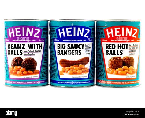 Tins Of Branded Heinz Assorted Baked Beans With Sausages Meat Balls And Chilli Meatballs