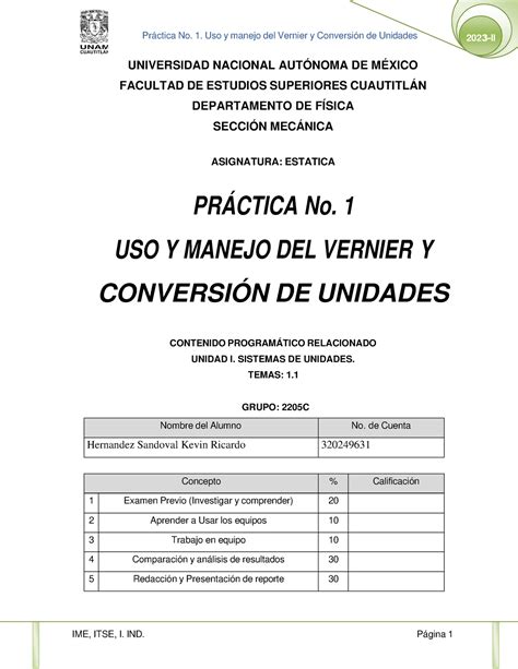 P 01 USO Y Manejo DEL Vernier UNIVERSIDAD NACIONAL AUTÓNOMA DE MÉXICO