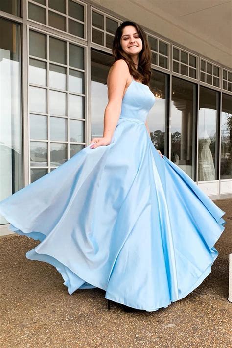 Simple Light Blue Backless Satin Long Prom Dress Backless Light Blue