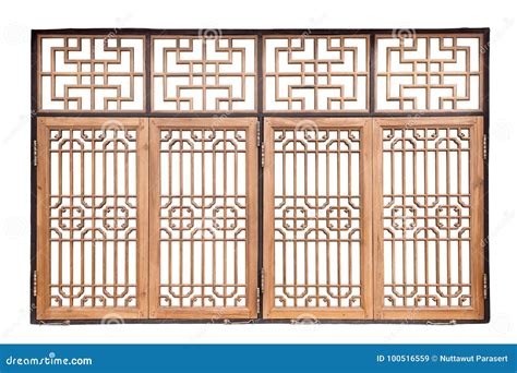 Chinese Traditional Style Wooden Window On Isolated White Background