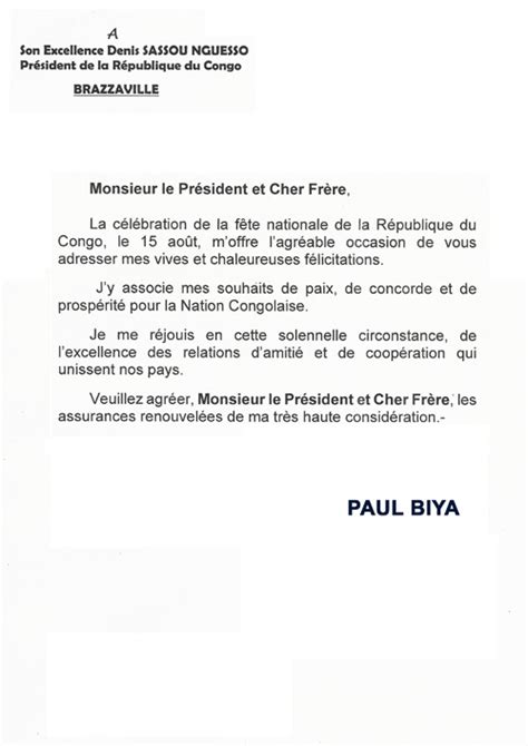 Message De F Licitations Du Pr Sident Paul Biya S E Denis Sassou