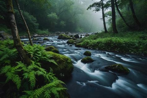 Premium Photo Misty River Flowing Through Lush Green Forest