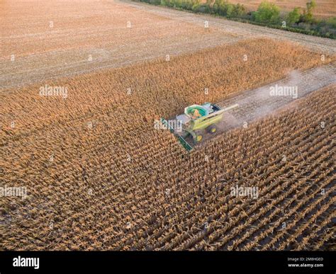 Corn Harvest John Deere Combine Harvesting Corn Aerial