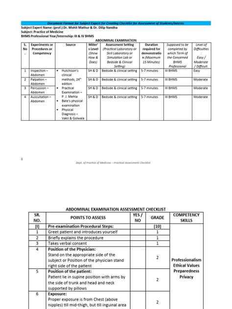 Abdominal Examination Assessment Checklist Pdf Abdomen Medical